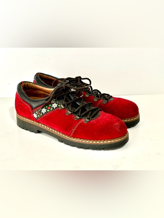 Josef Seibel Shoes - Vintage Hiking Boots  - Josef Seibel - Cherry Red Suede w Leather & Folk Trim
